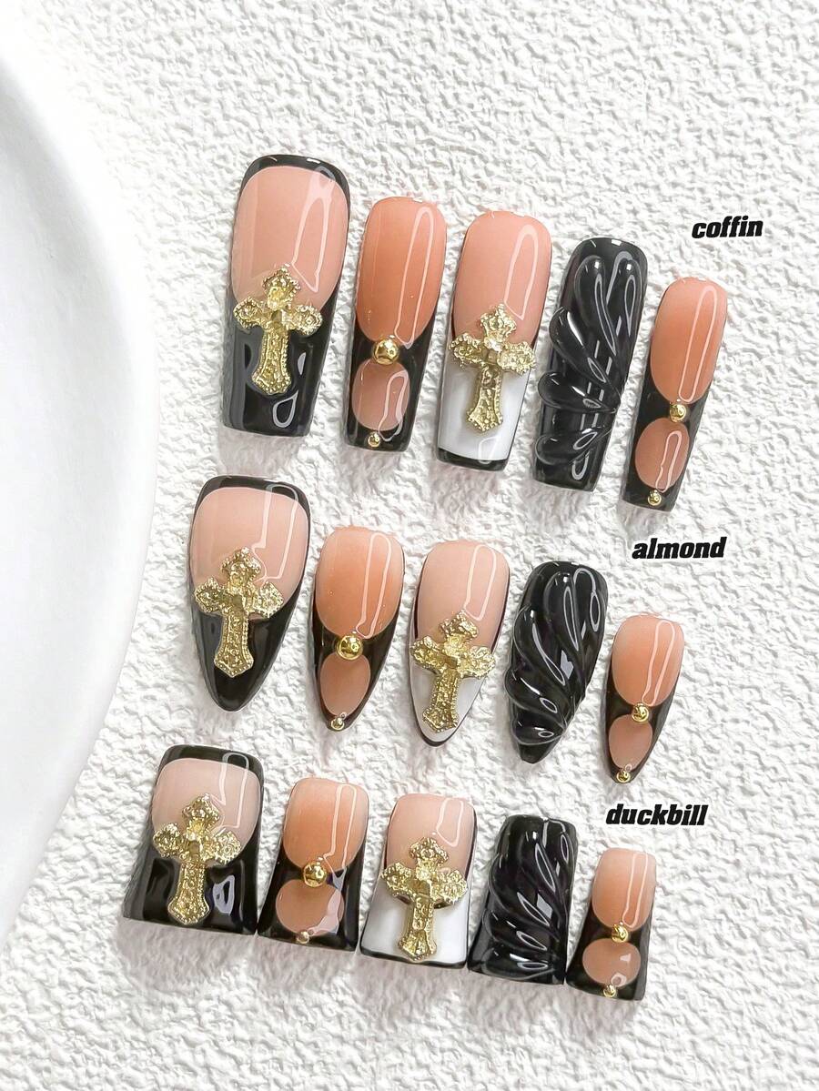 10件組 Y2K 千禧風手工穿戴甲,Polygel 凝膠美甲套組,十字圖案,黑金配色,甜酷女孩風,附美甲工具,3種尺寸可選,杏仁甲、鴨嘴甲、棺材甲,適合派對、跳舞、日常配戴 - 彩色 - 查看 1