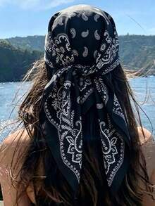 1pc Women's Bohemian Style Fashion Elegant Paisley Print Scarf, 70*70cm Satin Bandana Casual Headscarf Shawl, Suitable For Daily Life - Black - View 2