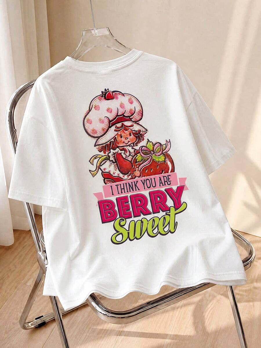 SHEIN X Strawberry Shortcake Women's Summer T-Shirt, Cute "Berry Sweet" Print Loose Casual Style, Suitable For Daily Sweet Look White - White - View 1