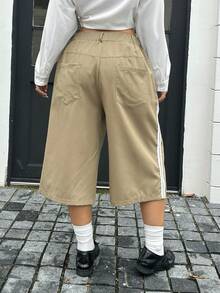 Women's Plus Size Casual Commute Vintage Minimalist Shorts With Pocket Design Mid-Split Shorts Summer - Khaki - View 4