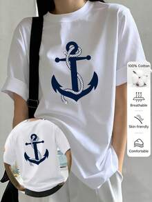 Casual Unisex Printed T-Shirt, Short Sleeve Crew Neck, Blue With White Rope Anchor   Pattern, Spring Summer Autumn Wear, Local Shipping - 白色 - 查看 2