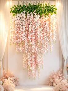 18pcs Artificial Wisteria Vine Garland, 3.75ft Pink Silk Hanging Flower String, Faux Wisteria Flower Garland, Suitable For Wedding Arch, Garden Wall, Home Party Decoration, Artificial Hanging Floral Plant Decor - Baby Pink - View 1