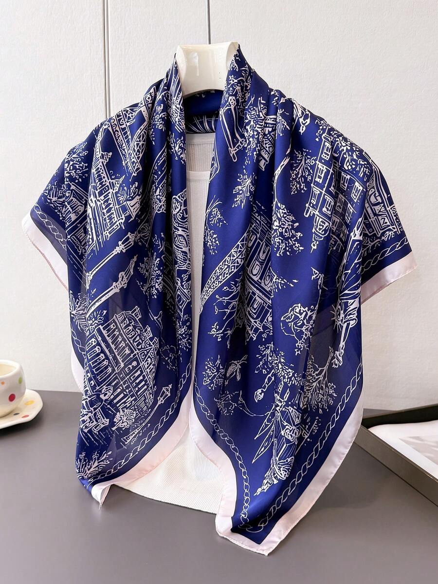 1pc Women's Landscape Pattern Faux Silk Square Scarf, Multi-Functional Fashion Headband Sun Protection Shawl, Suitable For Daily Wear, Vacation, Decorative Ribbon - Navy - View 1