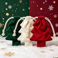 3 Packs Christmas Tree Shaped Velvet Drawstring Gift Bags, Mini Candy Pouches With Pom-Poms & Bells, Hanging Ornament Bags For Christmas Tree, Holiday Party Candy Wraps, Small Christmas Gift Storage Pouches - Multiple Styles - View 5