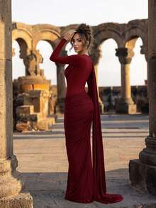 Solid Color Elegant Contrast Mesh Draped Evening Gown For Party And Formal Dinner - Burgundy - View 5