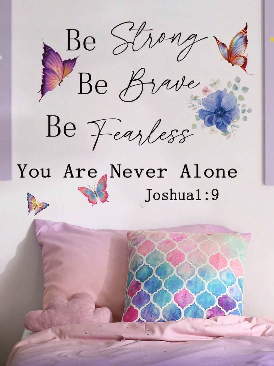 1pc "Strong Brave Courageous" Inspirational English Quote Butterfly Wall Decor Sticker, Removable Wall Decal For Bedroom, Living Room, Kids Room - 1 Piece - View 1