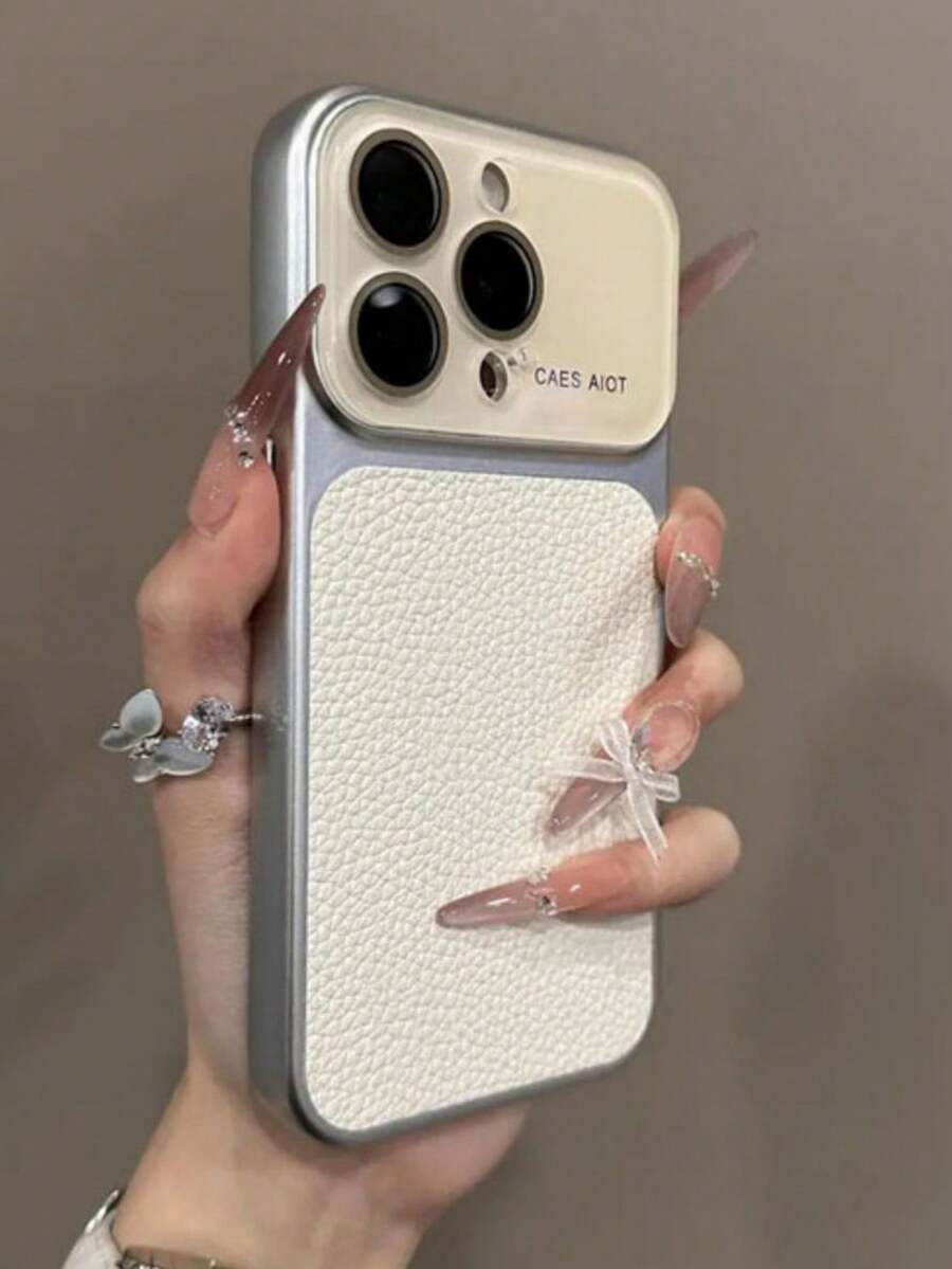 奢華電鍍邊框 AG 玻璃鏡頭保護荔枝紋人造皮革手機殼，適用於 iPhone 17 ProMax 17Pro 17 16 15 14 13 Pro Max，防震軟背蓋