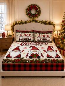 3PCS Winter Christmas Gnome Theme Atmosphere Bedding Set, (1PC Fitted Sheet + 2pcs Pillowcases, No Pillow Inserts,) Polyester Digital Print, Cartoon Gnome Christmas Pattern, Cartoon Cozy Christmas Non-Slip Bedding Set, Machine Washable, Bedroom Holiday Home Textile - Multi-color 1 - View 6