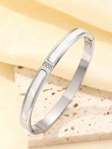 Silver 304 Stainless Steel Thin Bracelet Collection For Women, Rotating Ball Full Rhinestone Square Zirconia White Mother Of Pearl Four-Leaf Clover Inlaid Zirconia Roman Pattern Non-Fading Open Bangle, Lightweight Luxury Stackable Bracelet, Versatile Thin Bangle For Daily Commute - Silver - View 6
