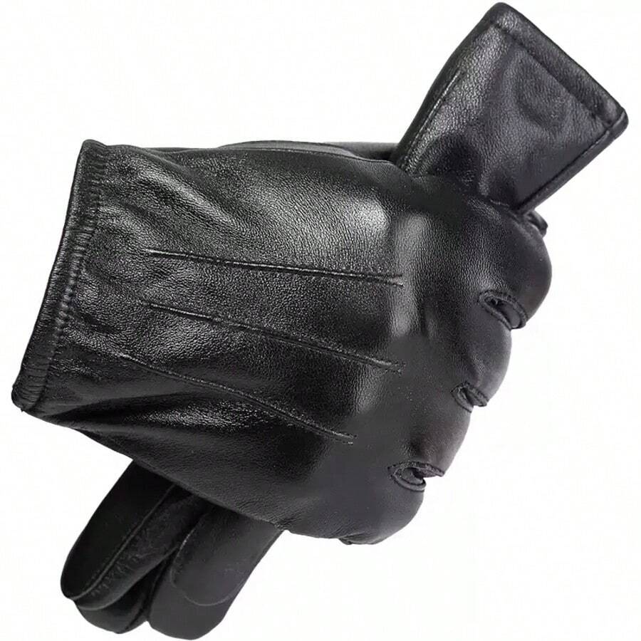 Men's Touchscreen Leather Gloves For Autumn And Winter. Thermal-Lined And Thickened For Warmth And Cold Protection. Full Palm Touchscreen Control For Mobile Phones. Soft And Fits The Hands Well, Preventing Sweating. Versatile Black Full-Finger Gloves For Outdoor Activities, Driving, Cycling, And Commuting. - PU Gloves - View 1