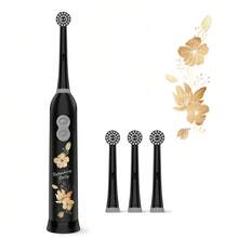 1支旋轉式電動牙刷附4個刷頭，含2顆AAA電池，卡通花卉圖案電動牙刷，智慧清潔電池式電動牙刷，軟毛，多款圖案 - 黑色 - 查看 11