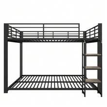 140*200CM Metal Loft Bed / Bunk Bed With Wooden Staircase Storage, Stable Double Bed In Black - Black - View 12