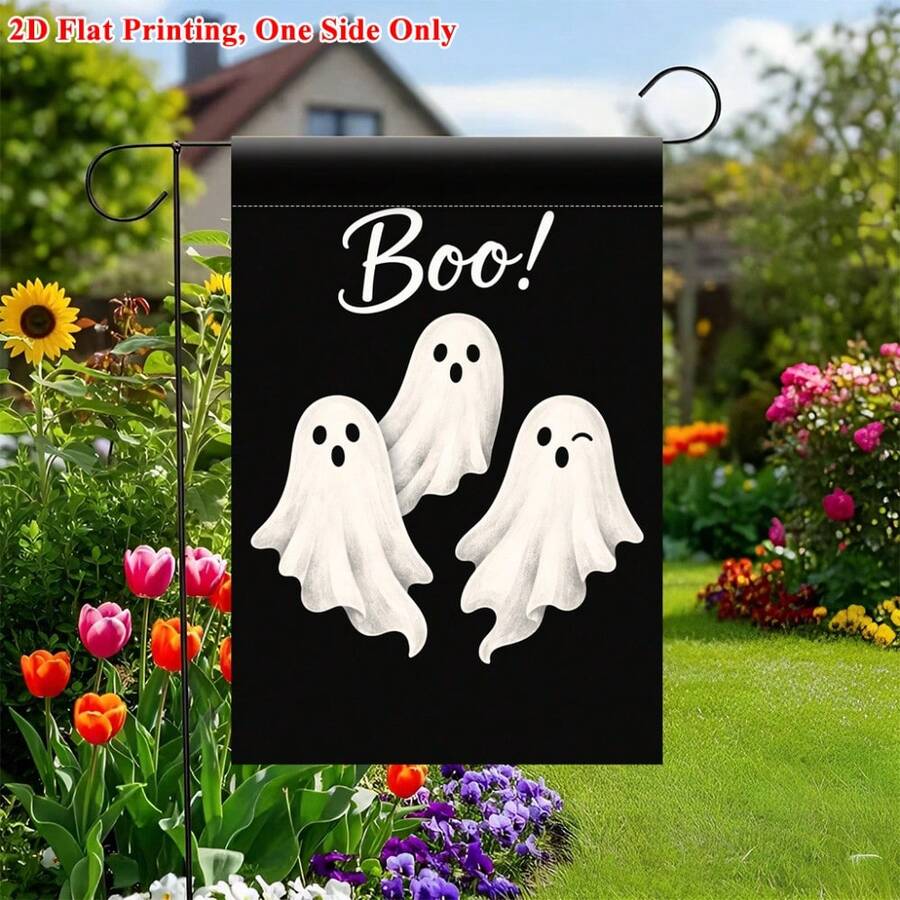 1pc 2D Flat Printed Garden Flag, Halloween Ghost Happy - Single-Sided Print, Durable Polyester Outdoor Decor, Suitable For Home And Yard, Holiday Decoration, 11.8X17.7 Inches, Pole Not Included