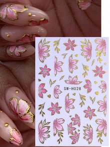 1pc Spring Summer Pink Petal Nail Stickers, Luxury Gold Foil Edge Floral Plant Nail Decals, 3D Self-Adhesive Sliders - Multicolor - View 3