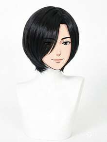 Wig Cosplay Anime Pendek Lurus Hitam Serbaguna, Serat Sintetis 8 Inci, Untuk Pesta Liburan, Pesta Kostum, dan Pemakaian Sehari-hari - Hitam - View 2