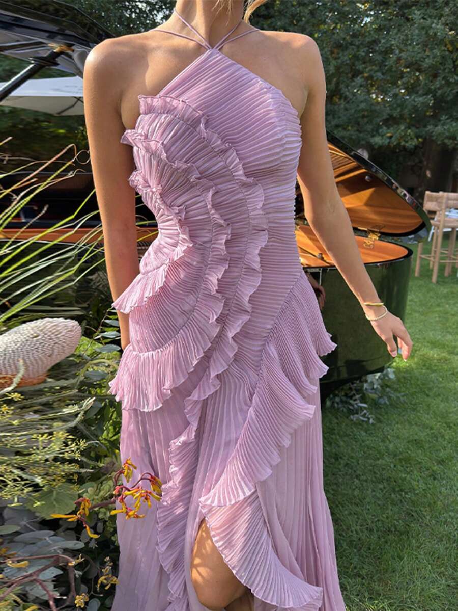 Women's Blue Lightweight Halter Neck Backless Ruffle Mid-Length A-Line Dress, Sleeveless Polyester Elegant Party