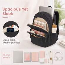 Quilted Multi-Pocket Backpack With Large Side Water Bottle Pockets For School Travel Daily Use - Black - View 4