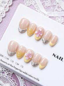 10pcs Handmade Medium Almond Shape Classic French Press-On Nails, Y2K Style, Warm Yellow Gradient French Tips With Shell Texture And 3D Floral Design, Gentle Style, Suitable For Party, Dance, Daily Wear, Comes With Tool Kit, Exquisite Gift For Women - Multicolor - View 2