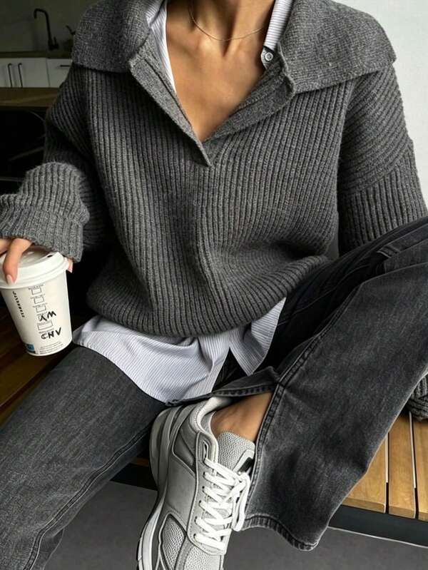FOR BEAUTY Fall Winter Y2K Elegant Casual Grey Polo Collar Ribbed Knit Sweater Pullover Tops Women Going Out Party Vacation Concert Outfits