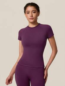 TimeOff Women's One Set Solid Color Seamless Round Neck Short Sleeve Ribbed Waist Mid-Length Pants Sports Set - Purple - View 9
