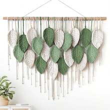 1pc Extra Large Bohemian Style Leaf Wall Tapestry, Handmade Wood Rod With Leaf And Tassel Decor, Macrame Wall Hanging, Headboard Decor - Multicolor - View 1