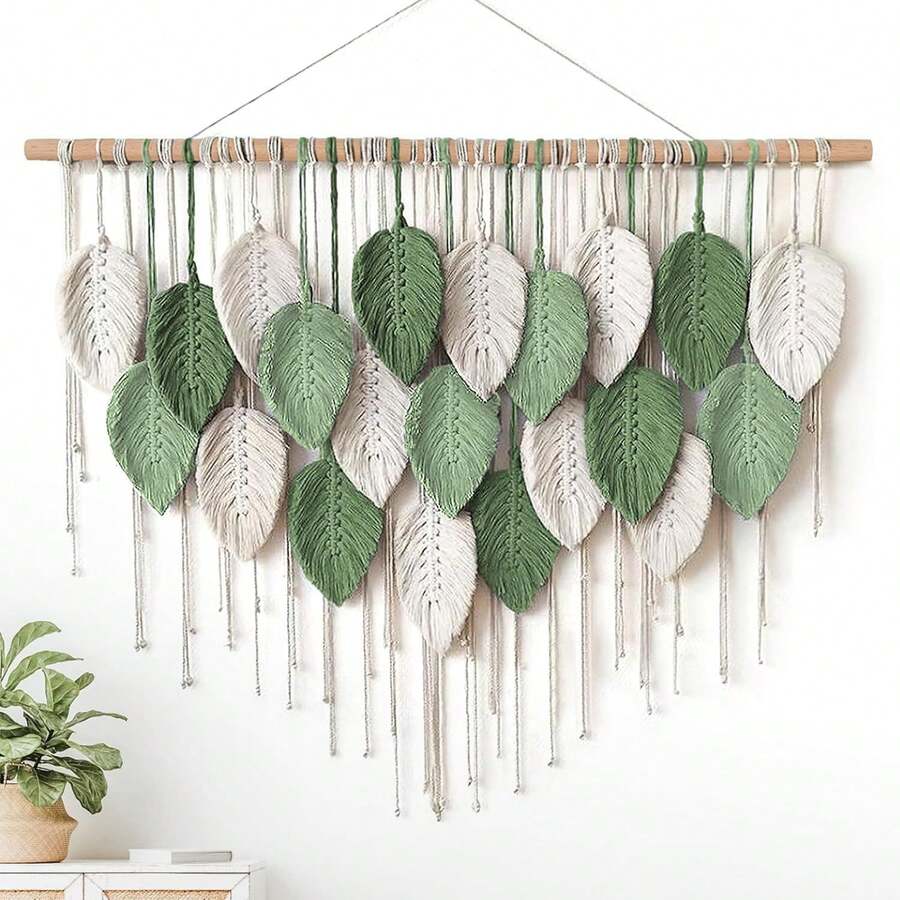 1pc Extra Large Bohemian Style Leaf Wall Tapestry, Handmade Wood Rod With Leaf And Tassel Decor, Macrame Wall Hanging, Headboard Decor - Multicolor - View 1
