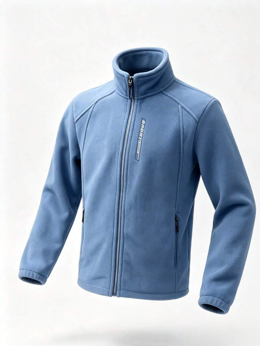 1pc Men's Autumn/Winter Embroidered Chest Zipper Pocket Sports Jacket, Outdoor Casual Fleece Coat Fall - Dusty Blue - View 1