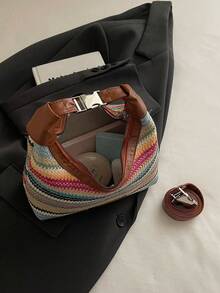 Colorful Striped Women's Handbag, Fashionable Straw Woven Handbag With Flower Pendant, Versatile Shoulder Bag And Crossbody Bag - Multicolor - View 8
