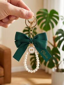 1pc Customized Name Pearl Bow Keychain, Bridesmaid Gift Accessory, Silk Ribbon Bow Bag Charm, Elegant Engraved Key Ring, Wedding Party Favor, Bridal Shower Gift - Multicolor - View 14