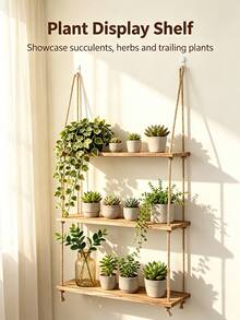 Bohemian Style Rope Hanging Plant Shelf - Wall-Mounted Rope Frame, Suitable For Plants, Artificial Wood Shelf, Space-Saving Decor For Living Room, Bedroom, Balcony - Easy Installation And Minimalist Aesthetic - Multicolor - View 4