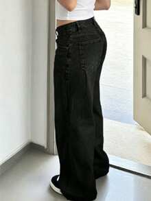 Celana Jeans Denim Potongan Lurus untuk Remaja - Hitam - View 2