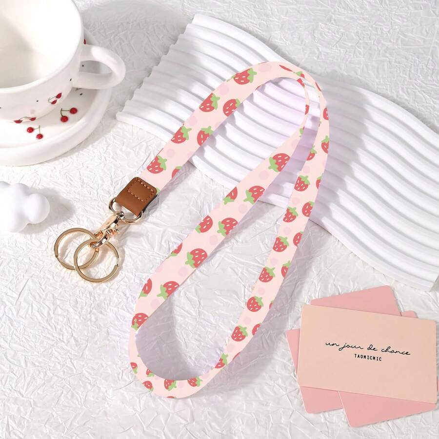 Key Lanyard, Long Neck With Metal Hook, Can Be Used To Hang ID Cards, Cute Lanyard Keychain - Strawberry - View 1