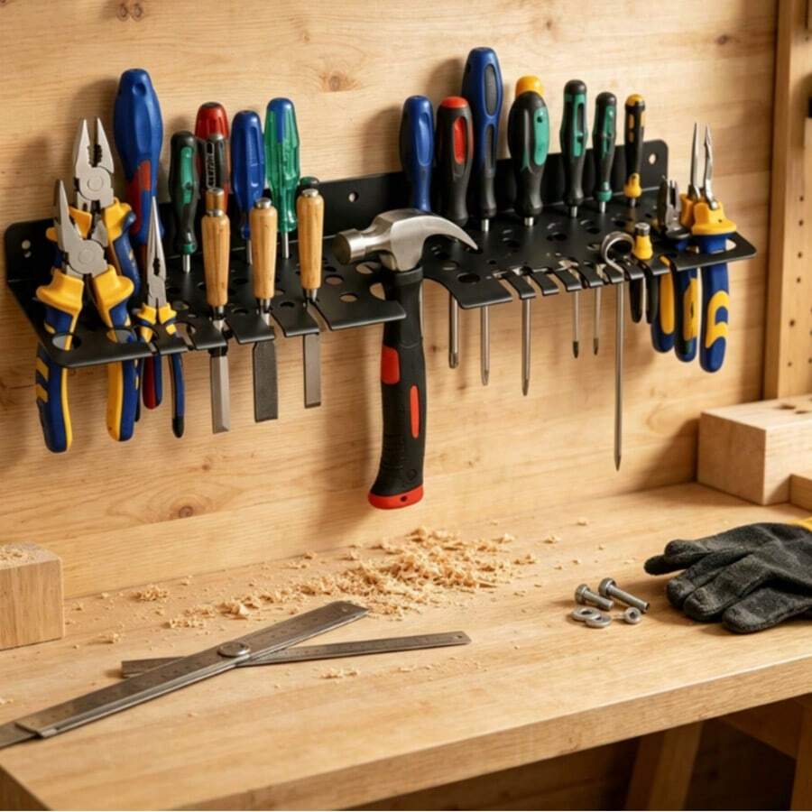 Suporte de Parede Metal para Ferramentas Organizador Multiuso de Garagem Oficina Pratico Resistente | Suporte para alicates, alicates, martelo, espátulas. - Preto - Visão 1