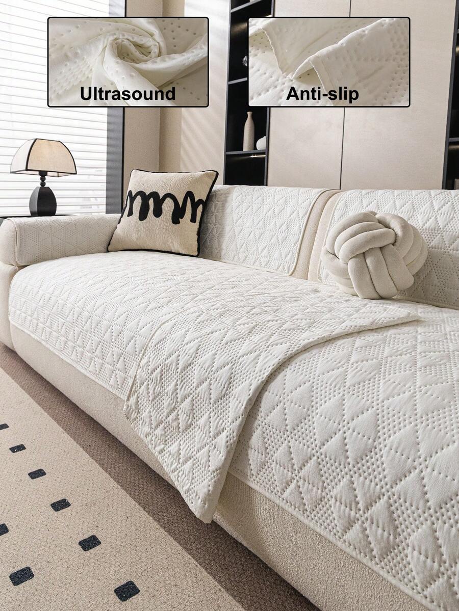 1PC Ultrasonic Process Solid Color Sofa Cover, Non-Slip Protection For Living Room Sofa, Suitable For Single To Four-Seater Sofas, White Textured Fabric For All Seasons, Living Room Essential | Minimalist Style Sofa Cover | Snug Fit Design, Dedicated Sofa Cover - White - View 1