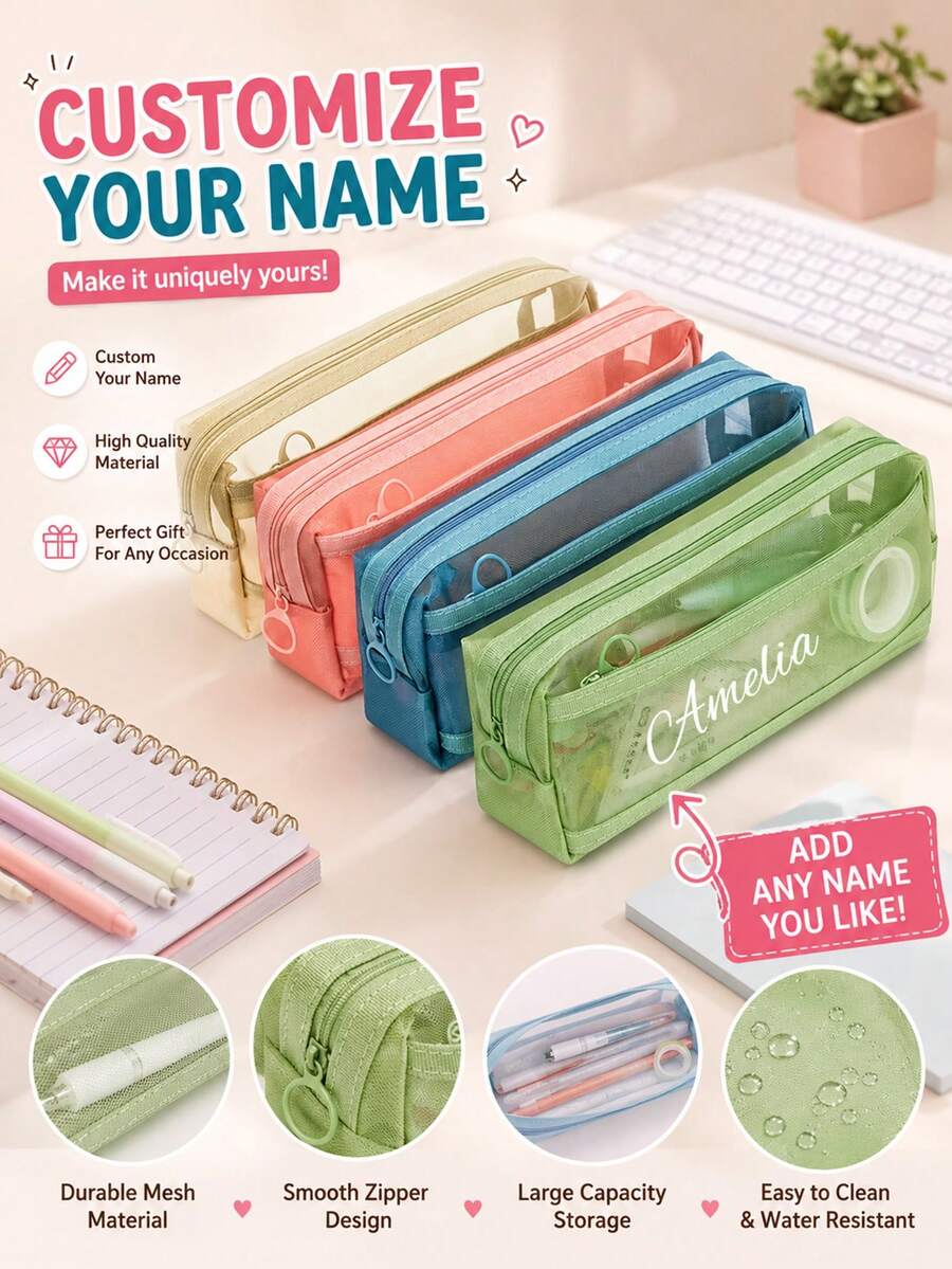 Personalized Name Transparent Large Capacity Pencil Case, Fashionable Minimalist Pencil Case, Customized Name Pencil Case, Large Capacity Nylon Mesh Transparent Breathable, Exam/Student Stationery Bag, Mesh Pencil Case, Minimalist Student Supplies Box