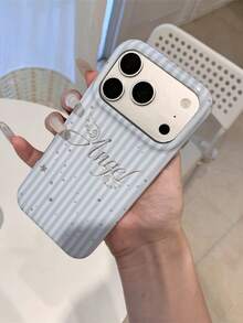 Korean Style Ins Blue Striped Glitter English Letter Apple 17 Pro Max Phone Case 16 Pro New 15 Niche 14 Premium 13 Girly 17 Full Coverage Anti-Drop Protective Soft Shell - Blue - View 1
