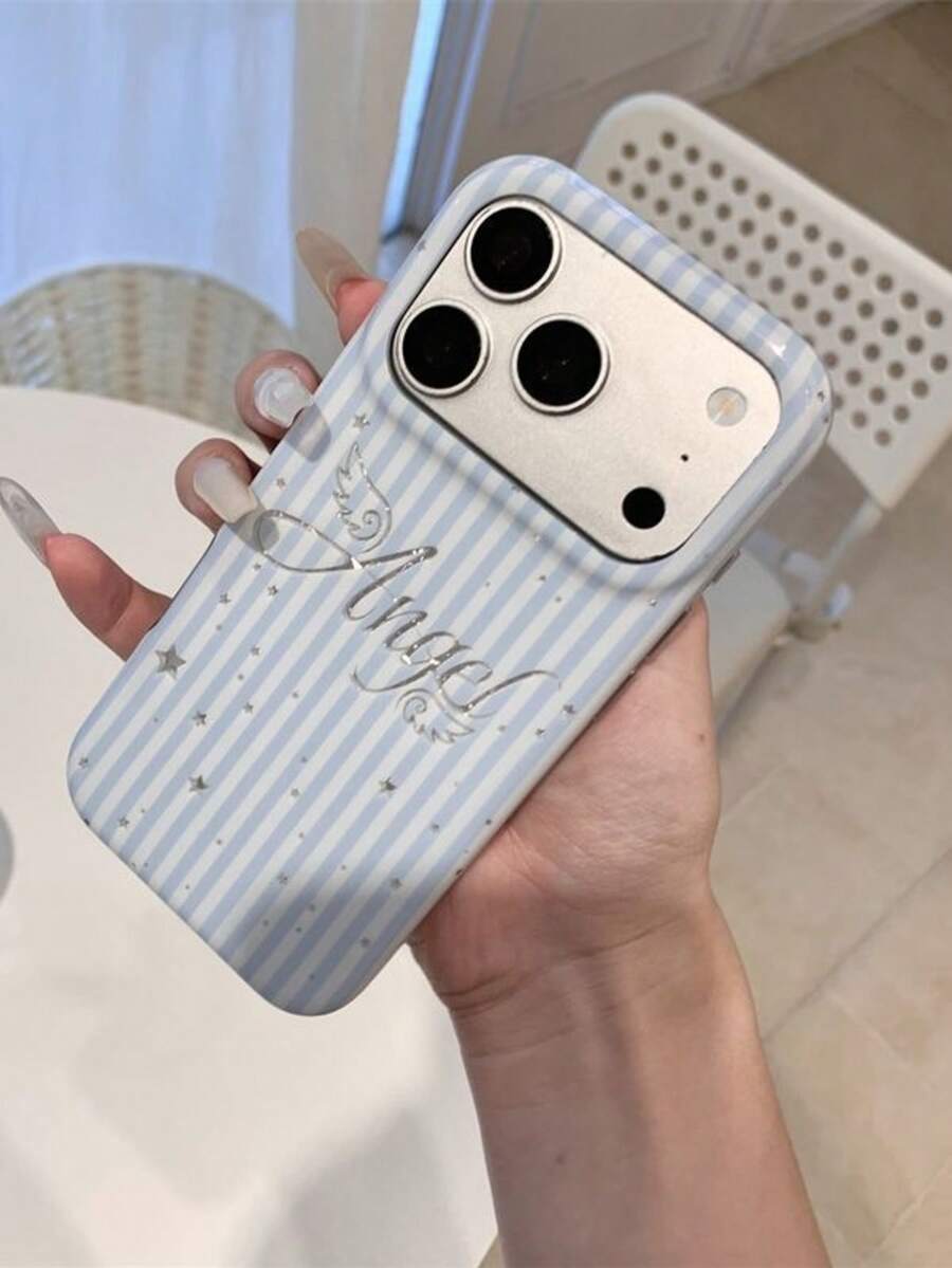Korean Style Ins Blue Striped Glitter English Letter Apple 17 Pro Max Phone Case 16 Pro New 15 Niche 14 Premium 13 Girly 17 Full Coverage Anti-Drop Protective Soft Shell - Blue - View 1
