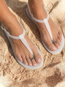 Grefit Spring And Summer New Round Toe Flat Bottom Casual Vacation Simple White Flat Bottom Sandals Women's Herringbone Sandals - White - View 1