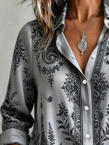 Casual Fashion Baroque Floral Print Women's Plus Size Long Sleeve Button-Up Blouse Vacation - Grey - View 5