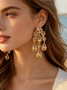 ZR Rhinestone Teardrop Pendant Earrings, Gold Exaggerated Party Jewelry - Geometric Colorful Rhinestone Earrings - View 7