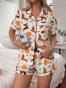 2pcs Set Piyama Wanita Motif dan Anjing Sosis Halloween, Atasan Lengan Pendek Berkerah dan Celana Pendek Berpita, Musim Semi/Panas - Aprikot - View 4