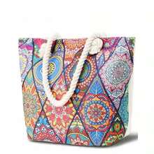 Fashion Geometric Pattern Bohemian Style Travel Beach Bag, Large Capacity Zipper Tote Bag, Outdoor Shopping Camping Handbag, Foldable Shoulder Bag - Perfect For Beach, Travel And Daily Use - Multicolor - View 2