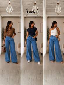 Calça Jeans Feminina Wide Leg 100% Algodão Lavagem Marmorizada Premium Empina Bumbum Sem Lycra Cintura Alta Bolsos Funcionais Pantalona Boca Larga Elegante Sofisticada - Marmorizada - Visão 7