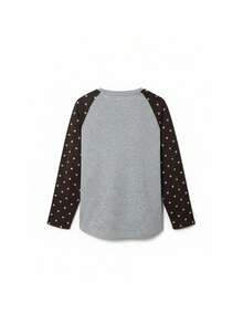 Women's American Style Heart & Polka Dot Raglan Long Sleeve T-Shirt, Loose Casual Versatile Top - Grey - View 10