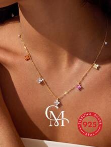 1 Pair 925 Sterling Silver Colorful Floral Necklace, Minimalist Elegant, Suitable For Daily Wear, Parties Or Valentine's Day Gift - Style 6 - View 4