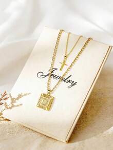 1pc Multi-Layer Letter Cross Necklace, A-Z Women Girls Layered Square Letter Pendant Figaro Chain Cross Necklace - Yellow Gold - View 34