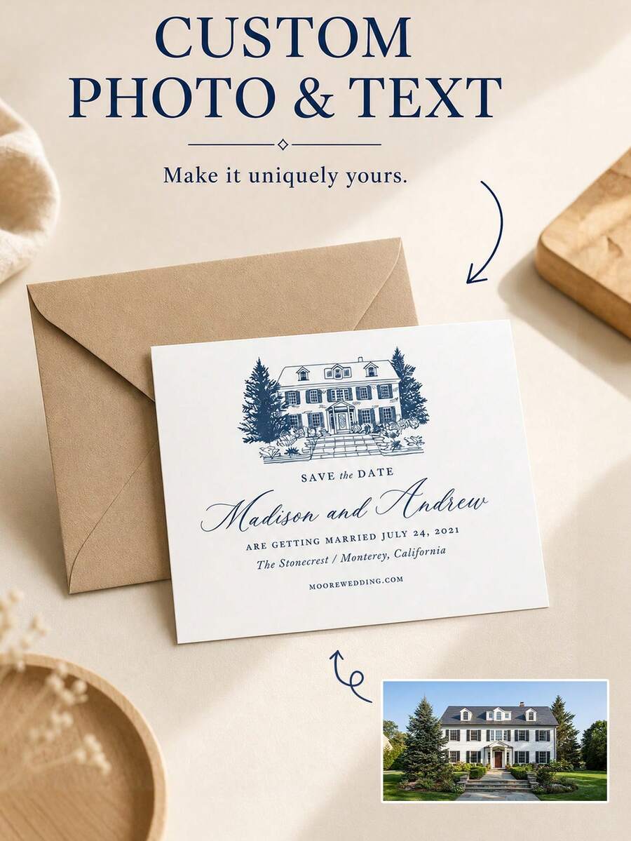 Custom Building Sketch Save The Date Card, Hand-Drawn House Illustration Converted From Your Photo, Customizable Names, Wedding Date And Venue Information. Perfect For Wedding Reminders, Engagement Parties And Meaningful Keepsakes For Couples. - Multicolor - View 1