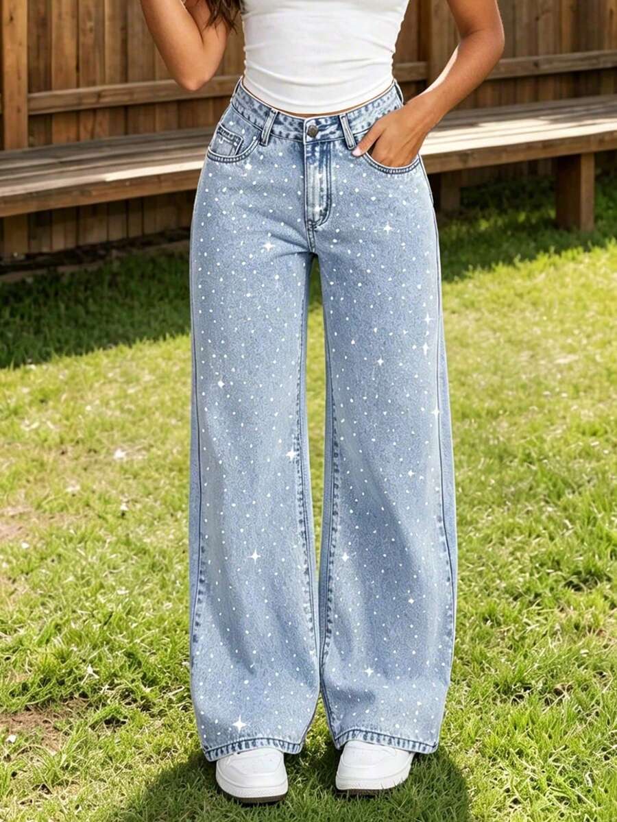 Teen Girls Fashion Rhinestone Loose Wide Leg Denim Jeans - Light Wash - View 1