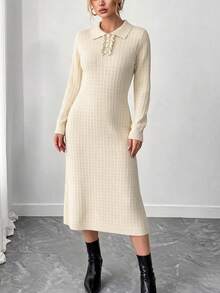 GIGOGOU Autumn Winter Women Polo Collar Ruffle Pearl Button Cable Knit Sweater Dress Long Sleeve Midi Rib Dress Outfit Soft Cozy Fall - Apricot - View 3