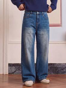 1pc Men's Denim Wide Leg Pants, Frayed Back Pocket Design, Streetwear Style, Suitable For Daily Wear - Blue - View 3